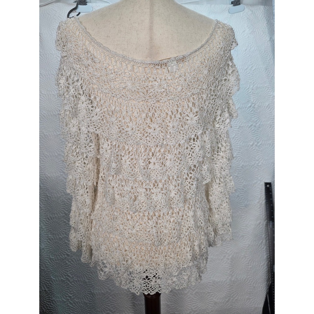 Boston Proper Crochet Ruffle Top Women ML Ivory Metallic Boho Lace Blouse Exc - Picture 5 of 7